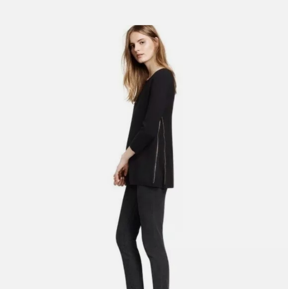Tory Burch Rylie Sweater S Tunic Navy Side Zip Merino Wool 3/4 Sleeve